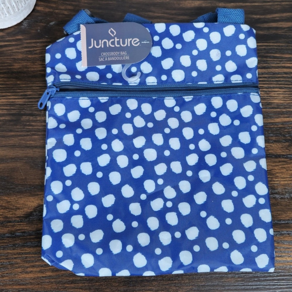 Juncture Blue White Polka Dot Crossbody Bag Adjustable Strap Travel Mini Bag NWT